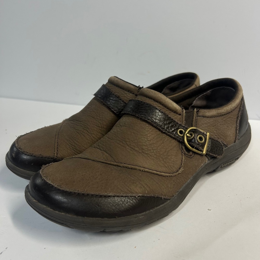 Merrell Leather Slip On Shoes Brown Womens 7.5 Buckle Strap Walking Loafer